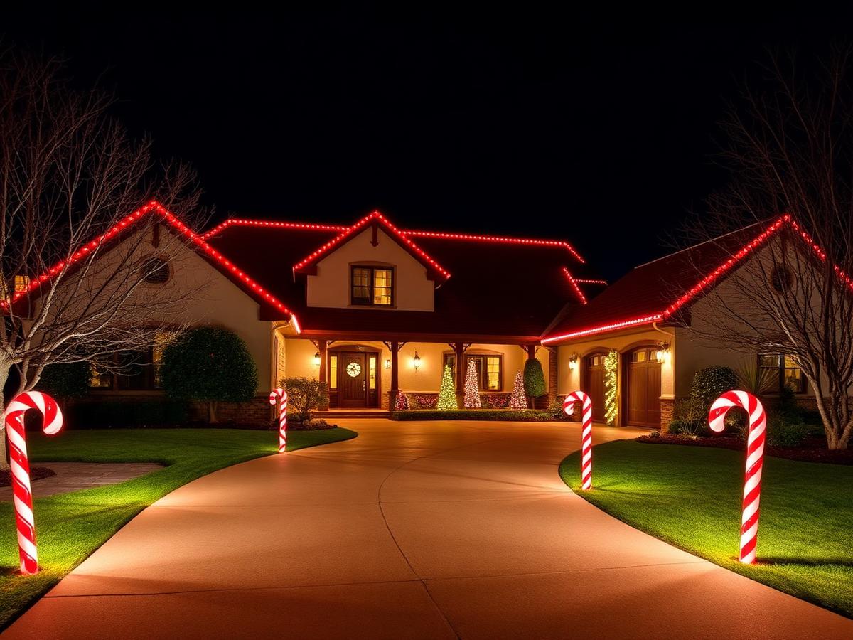 North Texas ranch home lit with red and white Christmas lights