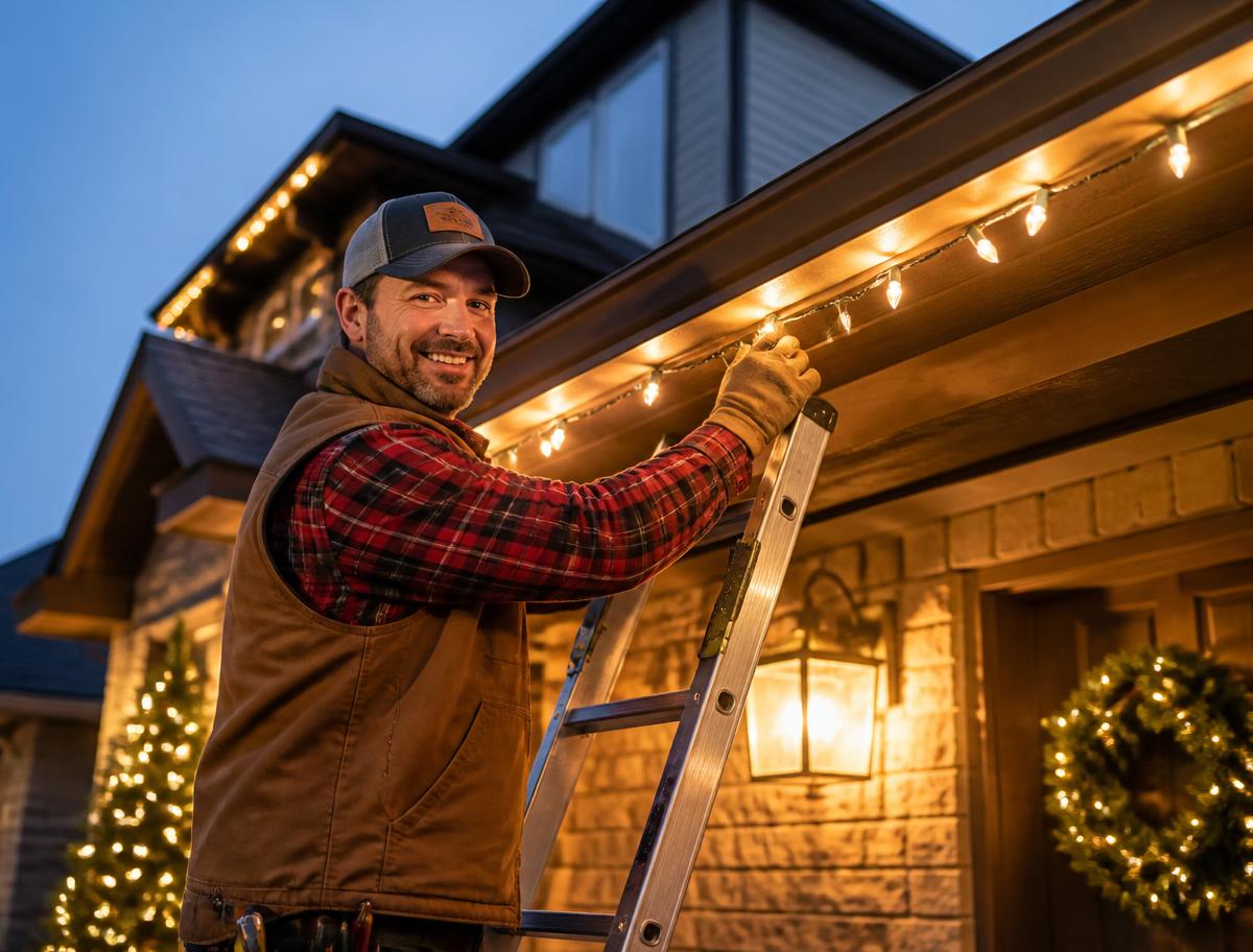 Installer safely clipping Christmas lights to a roofline